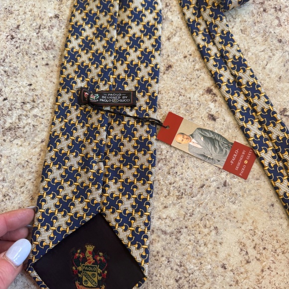 PAOLO GUCCI MEN'S NWT TIE 100% SILK NAVY BLUE WITH GOLD BRAND NEW WITH TAGS!! LO - Picture 2 of 4